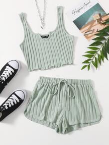 Muchica Notch Neck Rib-knit Tank Top & Shorts Set - Mint Green - View 1