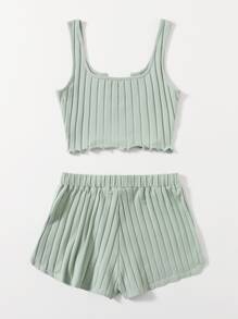 Muchica Notch Neck Rib-knit Tank Top & Shorts Set - Mint Green - View 2