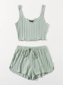 Muchica Notch Neck Rib-knit Tank Top & Shorts Set - Mint Green - View 3