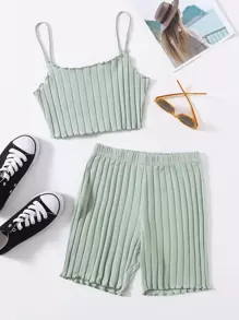 SHEIN EZwear 生菜邊吊帶上衣和機車短褲套裝 - 薄荷綠 - 查看 1