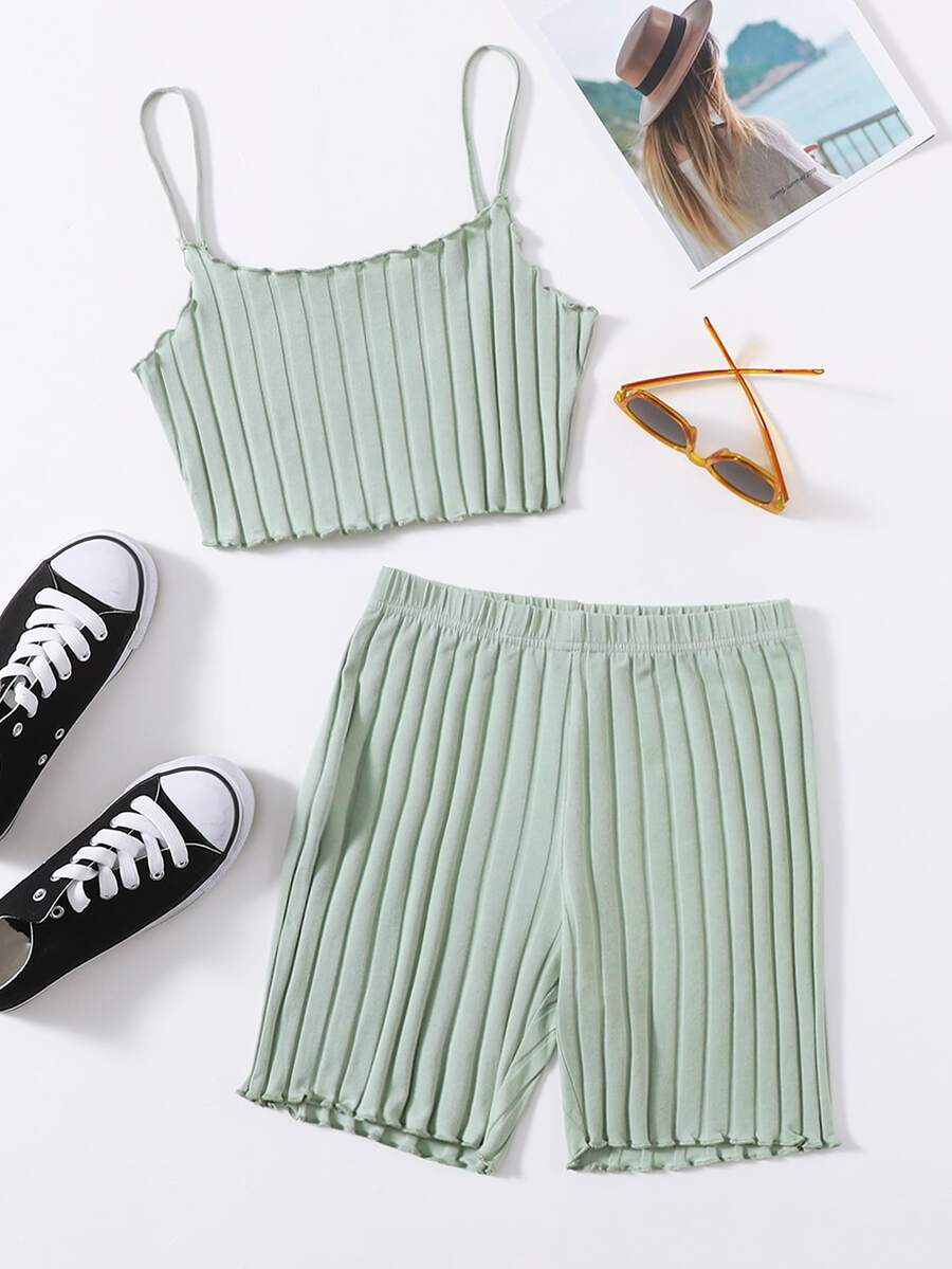 SHEIN EZwear 生菜邊吊帶上衣和機車短褲套裝 - 薄荷綠 - 查看 1