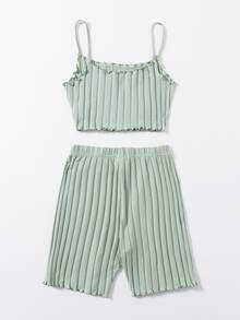 SHEIN EZwear 生菜邊吊帶上衣和機車短褲套裝 - 薄荷綠 - 查看 2