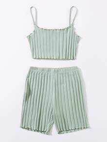 SHEIN EZwear 生菜邊吊帶上衣和機車短褲套裝 - 薄荷綠 - 查看 5