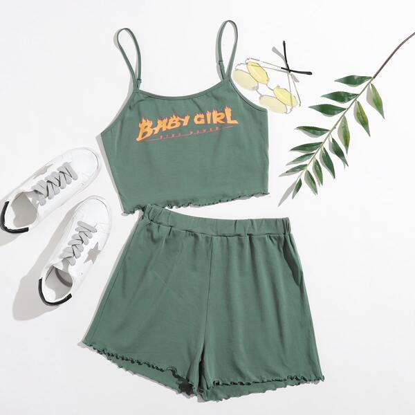 

Letter Graphic Lettuce Edge Cami Top and Shorts Set, Green