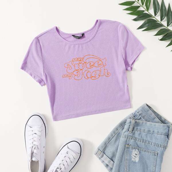 

Letter Graphic Rib-knit Tee, Lilac purple