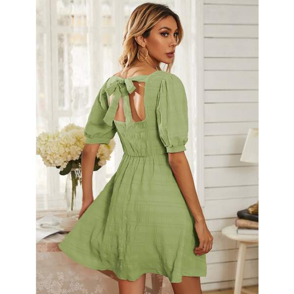 

Solid Tie Back Puff Sleeve Dress, Lime green
