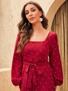 SHEIN Clasi Square Neck Polka Dot Belted Culotte Jumpsuit - Burgundy - View 3