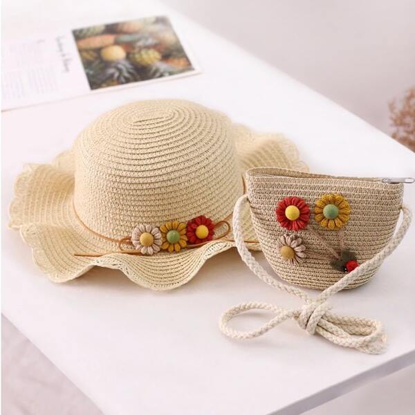 

Girls Flower Decor Straw Bag & Hat, Beige