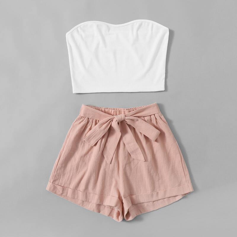 

Solid Crop Tube Top & Tie Front Cuffed Shorts, Multicolor