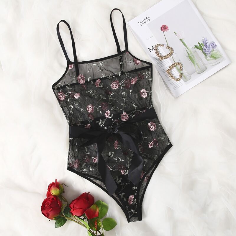 

Floral Embroidery Mesh Belted Teddy Bodysuit, Black