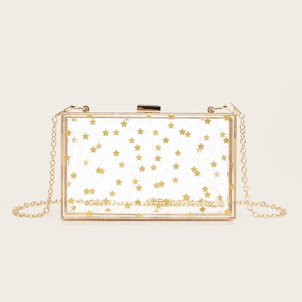 

Clear Star Graphic Clutch Bag, Gold