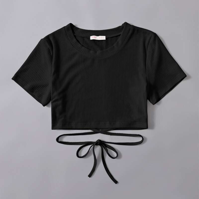 

Solid Ribbed Criss Cross Crop Tee, Black