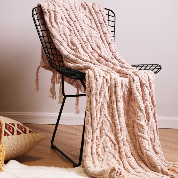 

1pc Solid Color Knitted Tassel Throw, Beige