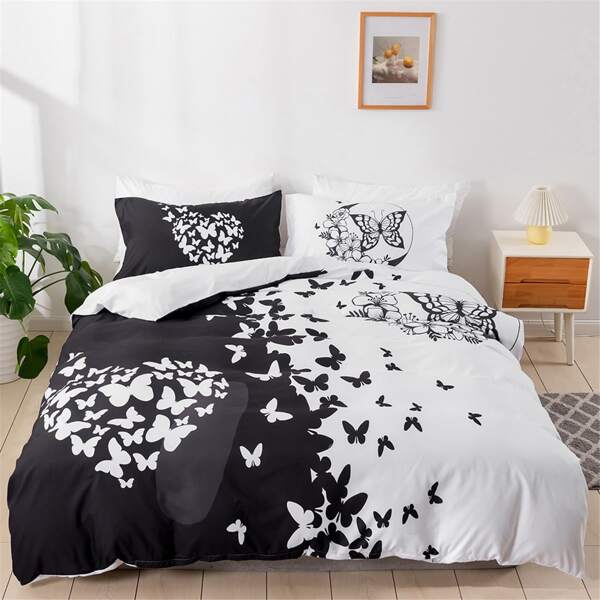 

Butterfly Print Duvet Cover Set Without Filler, Black and white