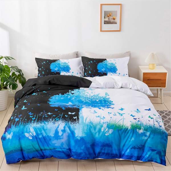 

Butterfly Print Duvet Cover Set Without Filler, Blue