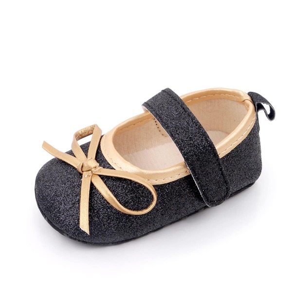 

Baby Girl Glitter Bow Decor Velcro Strap Flats, Black