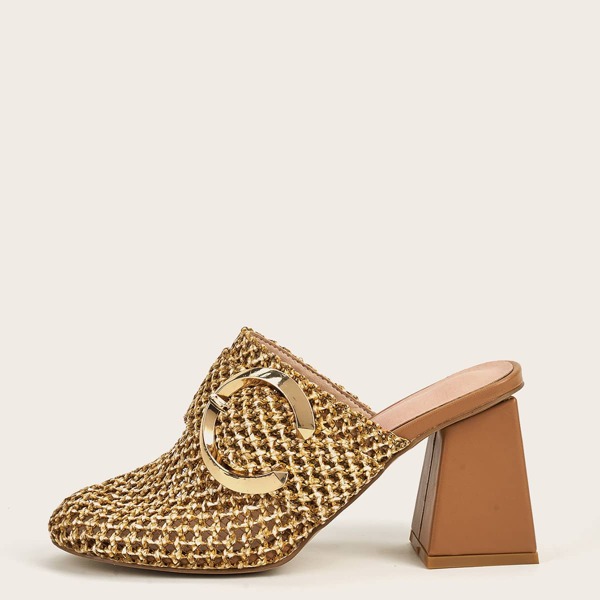 

Buckle Decor Straw Mule Heels, Brown