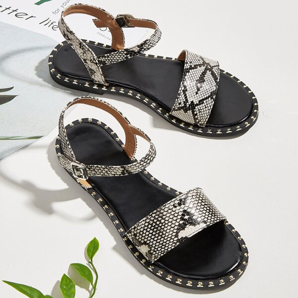 

Ankle Strap Snakeskin Flat Sandals, Multicolor