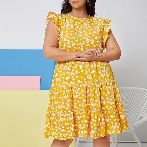 

Plus Ruffle Trim Ditsy Floral Dress, Yellow