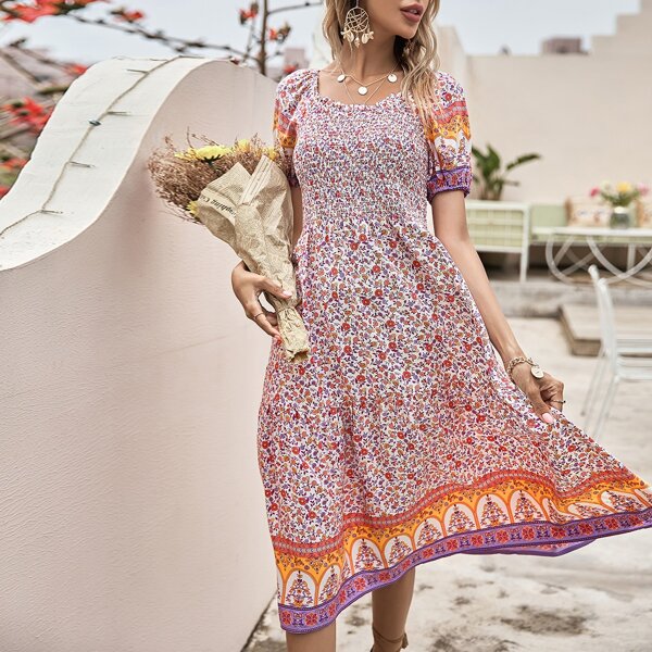 

Shirred Bodice Allover Floral A-line Dress, Multicolor