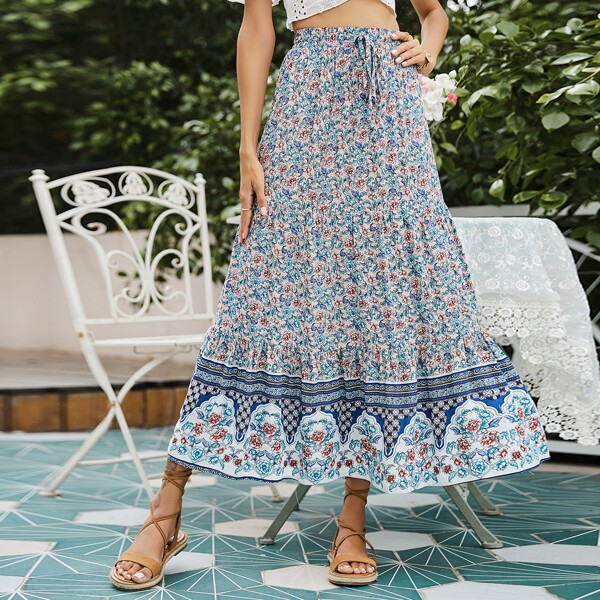 

Floral Print Ruffle Hem Skirt, Multicolor