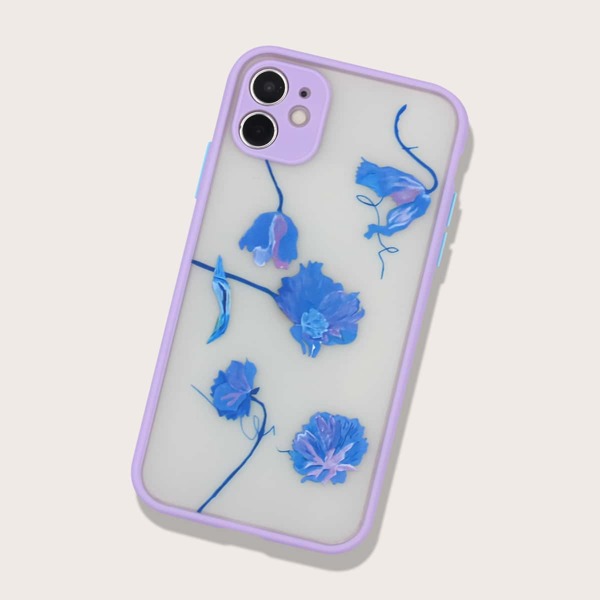

Flower Print Contrast Frame Phone Case, Purple