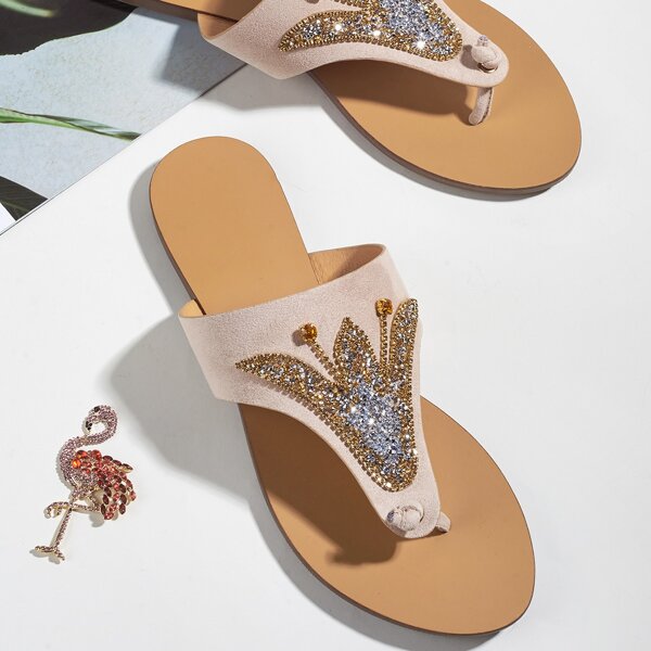 

Rhinestone Decor Thong Sandals, Apricot