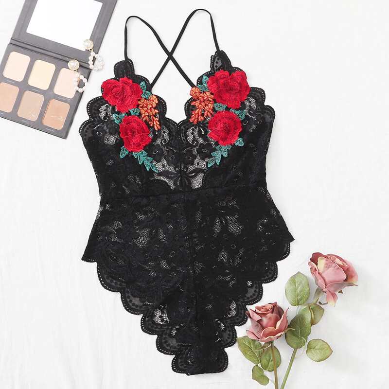 

Scallop Floral Lace Crisscross Teddy Bodysuit, Black
