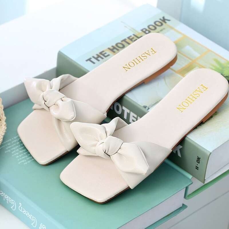 

Bow Knot Slide Sandals, Beige