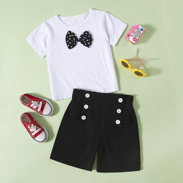 

Toddler Girls Bow Front Tee & Double Button Shorts, Black and white