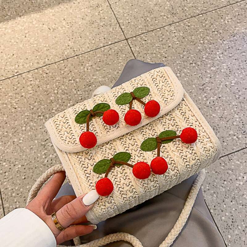 

Cherry Straw Crossbody Bag, Beige