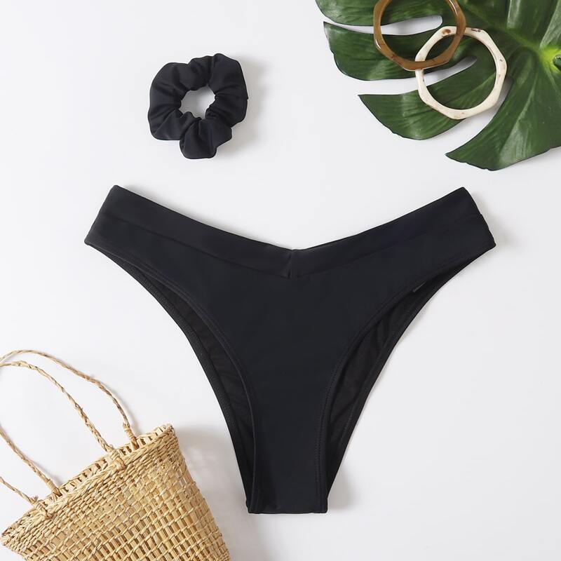 

Solid High Cut Bikini Bottom & Scrunchie, Black