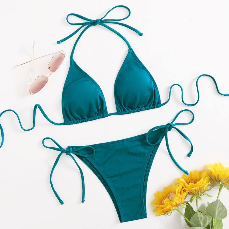 

Solid Halter Tie Side Bikini Swimsuit, Teal blue