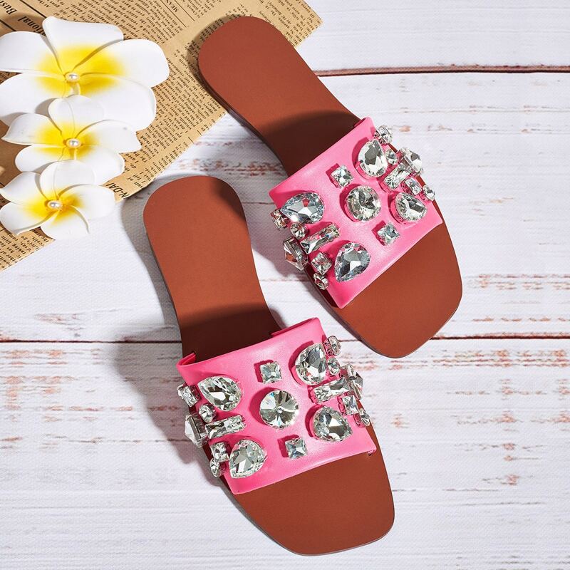

Rhinestone Decor Slide Sandals, Pink