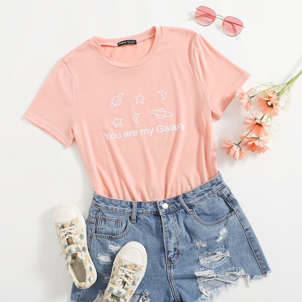 

Cartoon And Slogan Graphic Tee, Coral pink