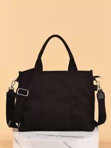 Simple Letter Pattern Square Canvas Bag Lightweight Satchel Bag All-Match Tote Bag Lightweight,Business Casual Large Capacity Tote Bag For Teen Girls Women College Students,Rookies & White-collar Workers Perfect for Office,College,Work ,Business,Commute - Black - View 1