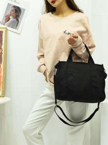 Simple Letter Pattern Square Canvas Bag Lightweight Satchel Bag All-Match Tote Bag Lightweight,Business Casual Large Capacity Tote Bag For Teen Girls Women College Students,Rookies & White-collar Workers Perfect for Office,College,Work ,Business,Commute - Black - View 2