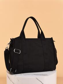 Simple Letter Pattern Square Canvas Bag Lightweight Satchel Bag All-Match Tote Bag Lightweight,Business Casual Large Capacity Tote Bag For Teen Girls Women College Students,Rookies & White-collar Workers Perfect for Office,College,Work ,Business,Commute - Black - View 3