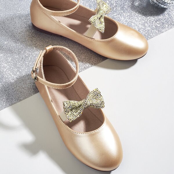 

Toddler Girls Bow Decor Ankle Strap Flats, Gold