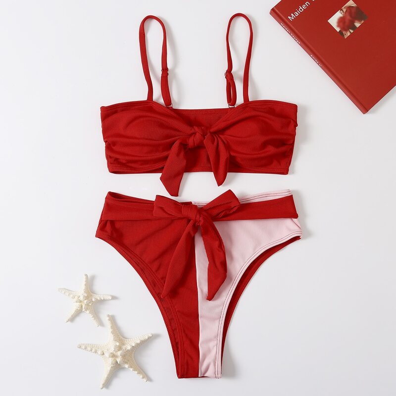 Colorblock Knot Bikini Swimsuit, Red