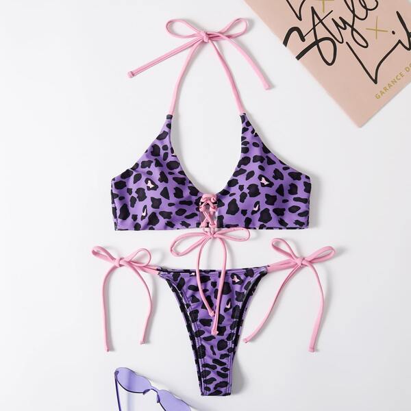 

Бикини с леопардовым принтом на шнуровке халтер с завязками по бокам, Многоцветный