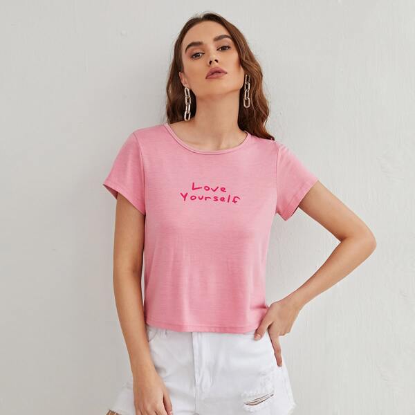 

Slogan Graphic Round Neck Tee, Baby pink