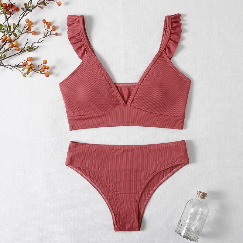 

Solid Ruffle Bikini Swimsuit, Dusty pink