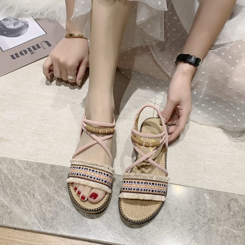 

Tassel Trim Ankle Strap Sandals, Baby pink