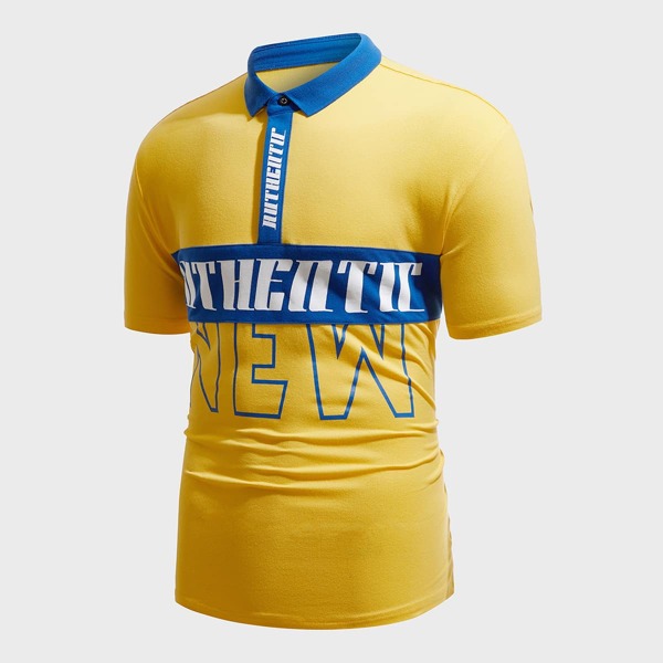 

Men Letter Graphic Colorblock Polo Shirt, Yellow