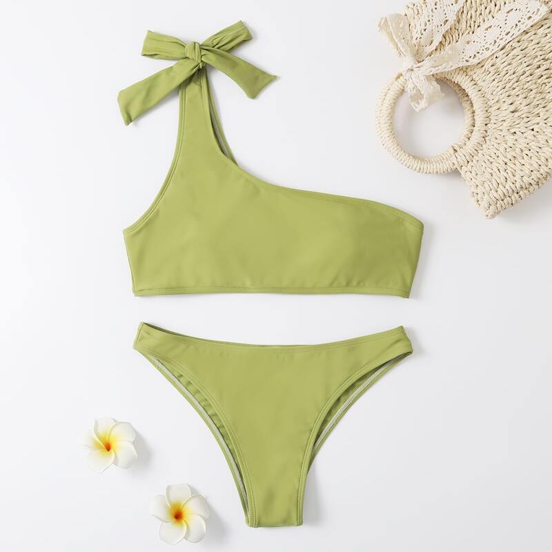 

Solid One Shoulder Bow Bikini Swimsuit, Lime green