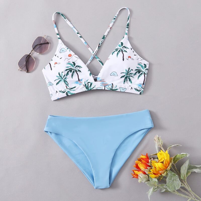 

Coconut Tree Graphic Lace Up Bikini Swimsuit, Multicolor