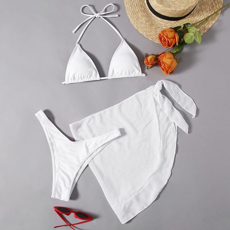 

3pack Solid Halter High Cut Bikini Swimsuit & Beach Skirt, White