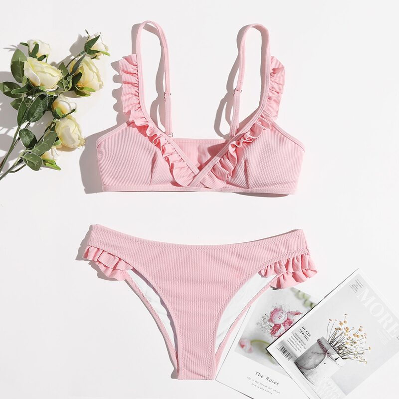 

Solid Ruffle Bikini Swimsuit, Pink