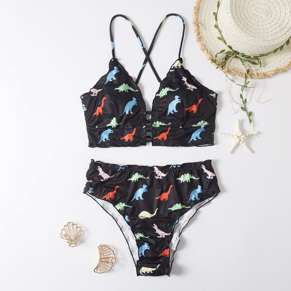 

Dinosaur Print Tie Back Bikini Swimsuit, Multicolor